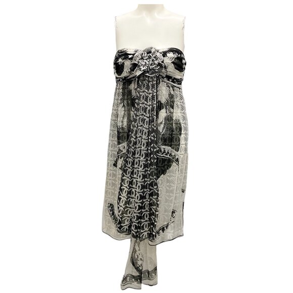 Chanel Ivory / Black 2010 Camellia CC Logo Print Strapless Silk Chiffon Dress - Picture 1 of 5